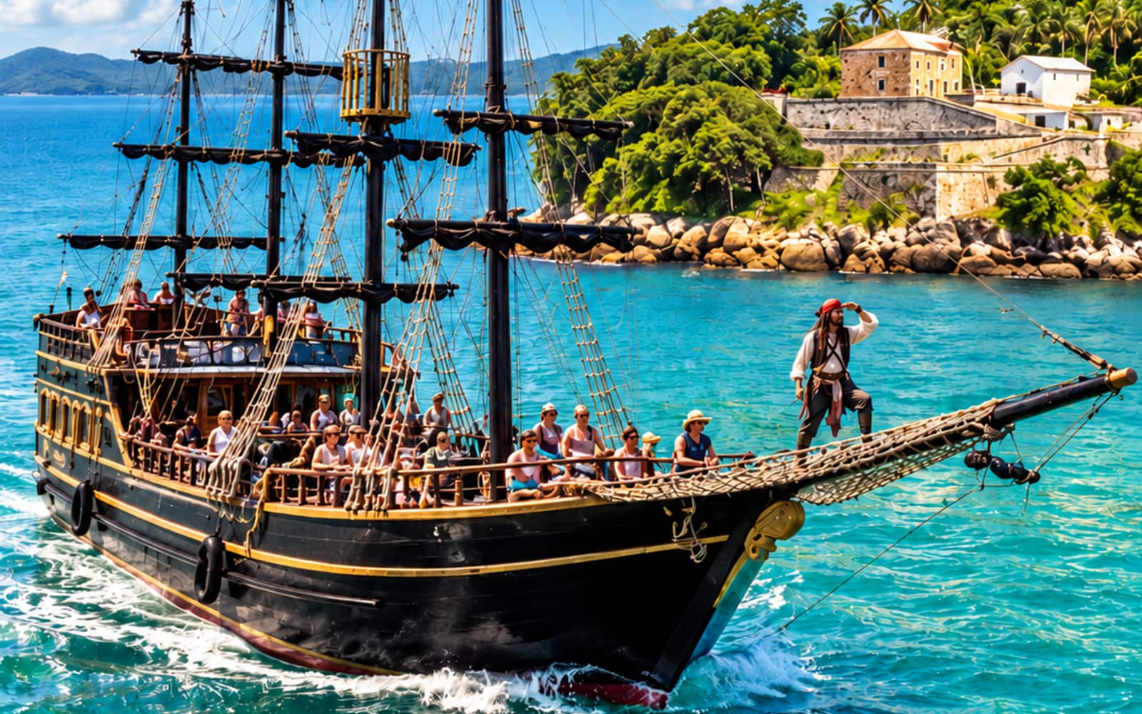 Imagem ilustrativa de um barco pirata com passageiros navegando perto de uma fortaleza