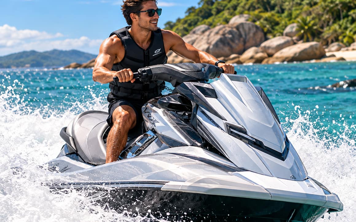 Jet ski em águas turquesa de Florianópolis (imagem ilustrativa)